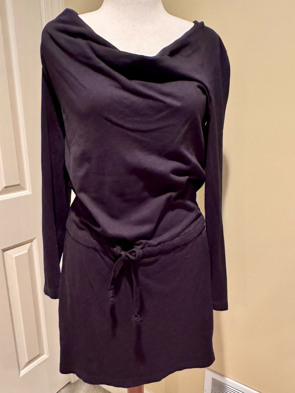 James Perse Black Long-Sleeve Cowl Neck Tie-Waist Dress/Tunic